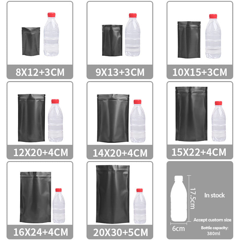 Set of black stand-up pouches with bottle illustrations and dimensions on a white background.
